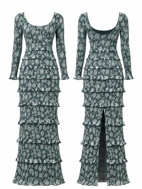 V. Chapman Lanie Emerald Peony Print Fitted Ruched Ruffled Maxi Dress Sz 0 NWT